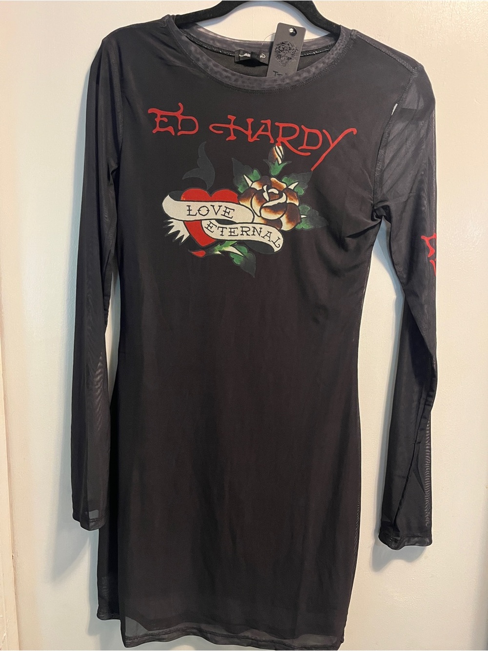 Ed Hardy Black Mesh Long Sleeve Dress with Red & Green Tattoo Floral Print